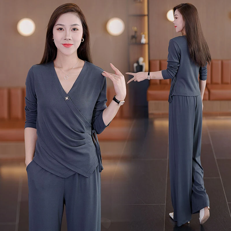 时尚套装2025秋季气质V领收腰系带显瘦长袖休闲直筒裤两件套