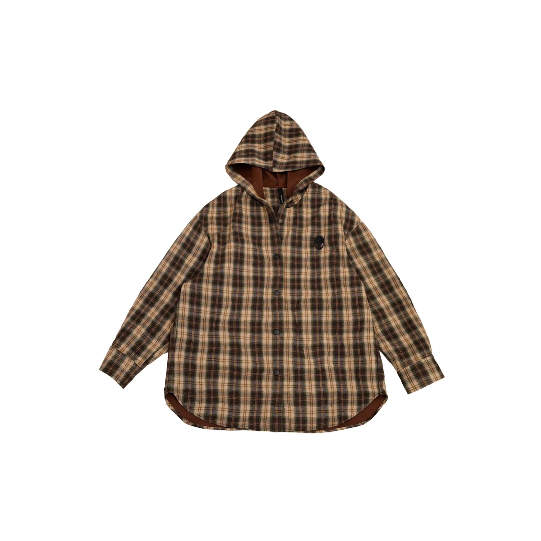 ZHUZHENFEI【圣约翰周末】咖色格微弧形连帽百搭中长外套Z351095