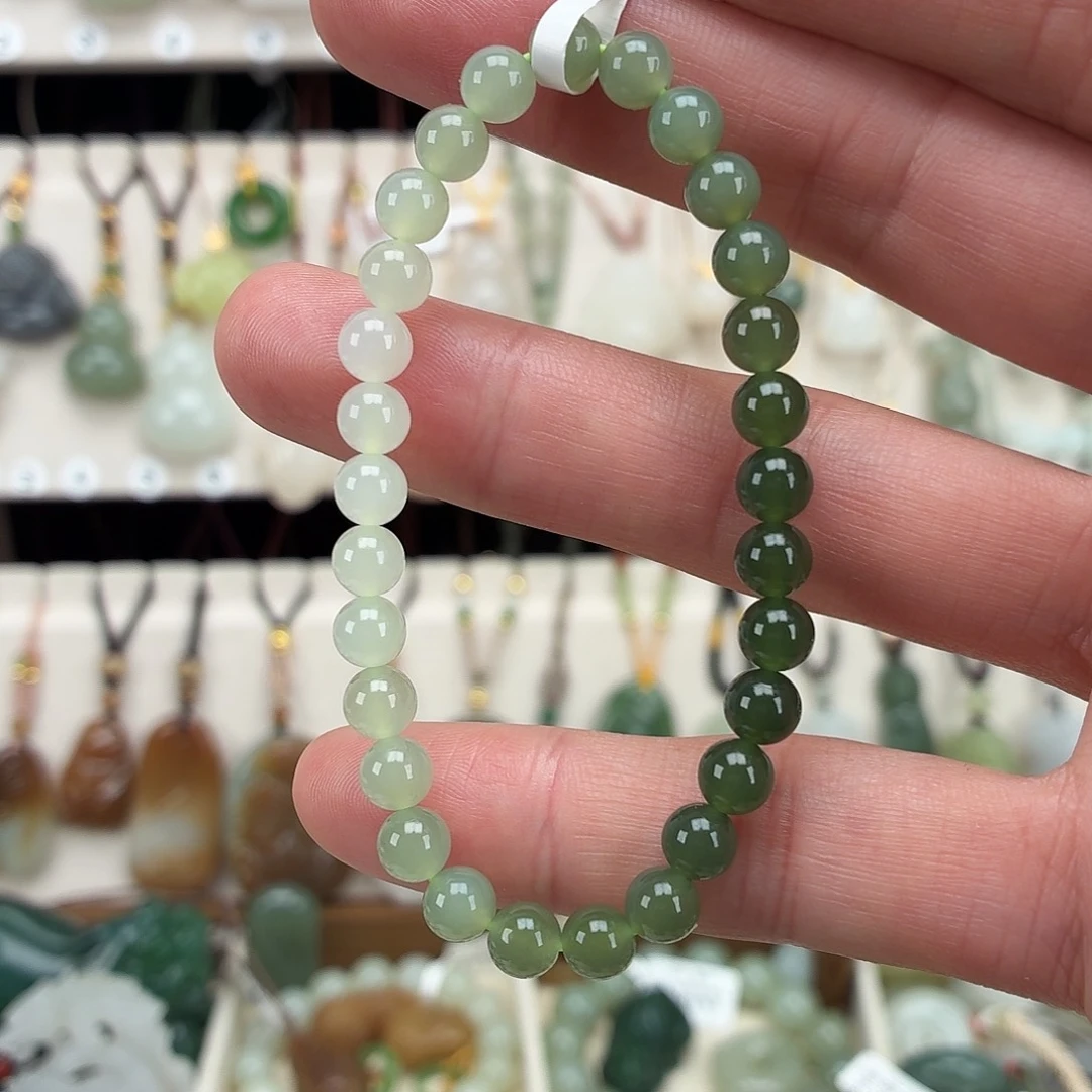 和田玉未镶嵌颈饰天然和田玉卡6圆珠湖水绿渐变手串福利