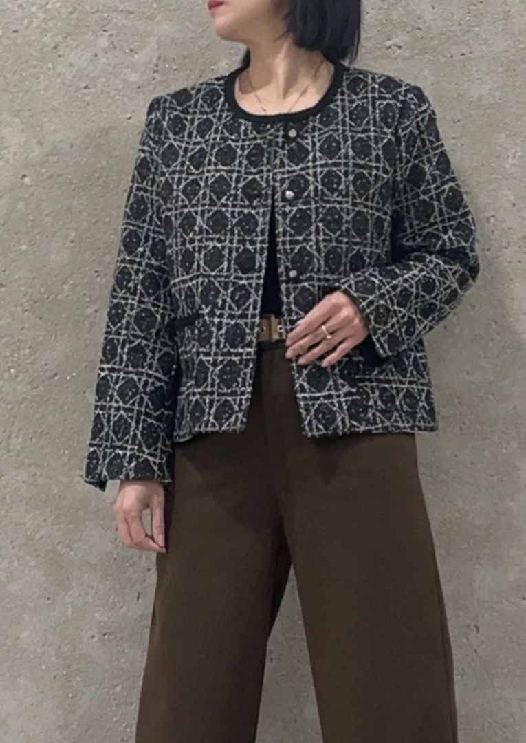 直播高级感修身印花小香风气质外套女秋显瘦撞色长袖上衣63130#