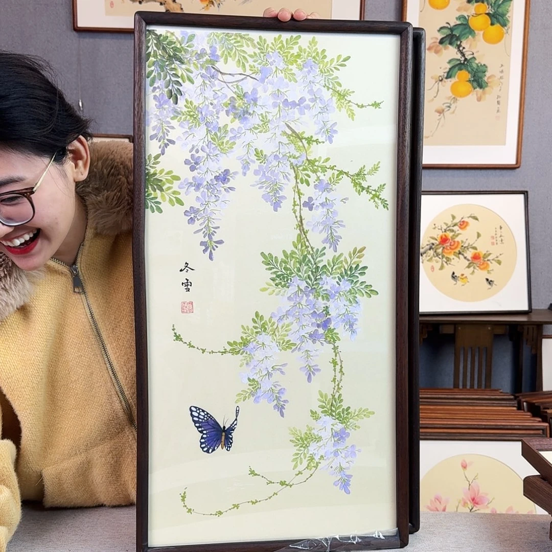 国画纯手绘，纯手写带框尺寸：36×69厘米