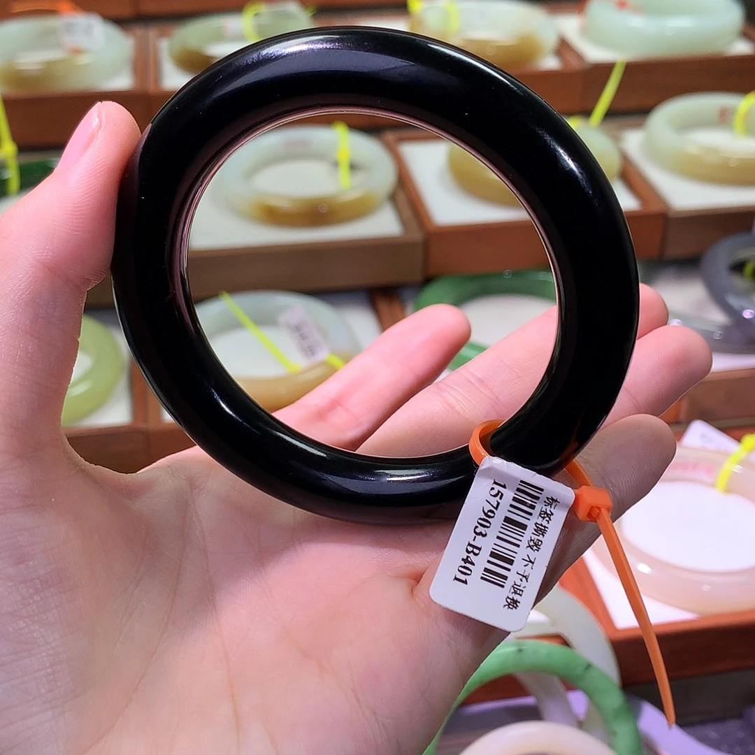 和田玉未镶嵌手镯胖圆58.59 黑羊脂墨玉