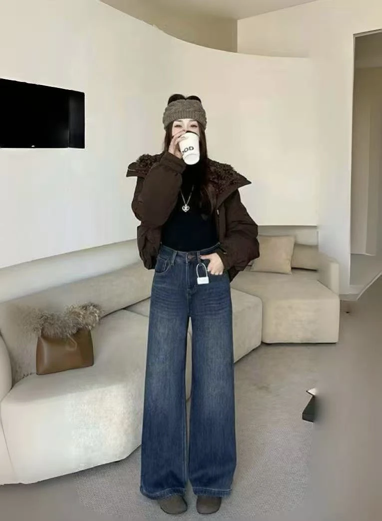 【XISHI】冬季新款加绒直筒阔腿裤 设计感女高腰牛仔拖地裤16233