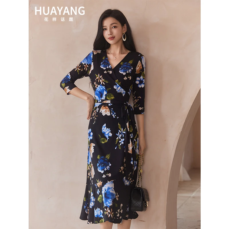 法国茵芝本INZB繁花似锦气质连衣裙女夏季鱼尾裹身裙子微胖显身材