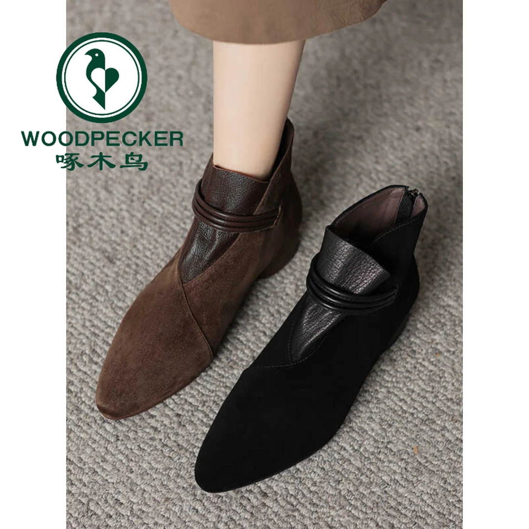 啄木鸟短靴女2025年秋冬新款不累脚单靴尖头中粗跟磨砂时装马丁靴