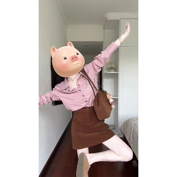 粉色条纹polo领长袖衬衫女2025早秋季新款衬衣通勤上衣+裙子套装