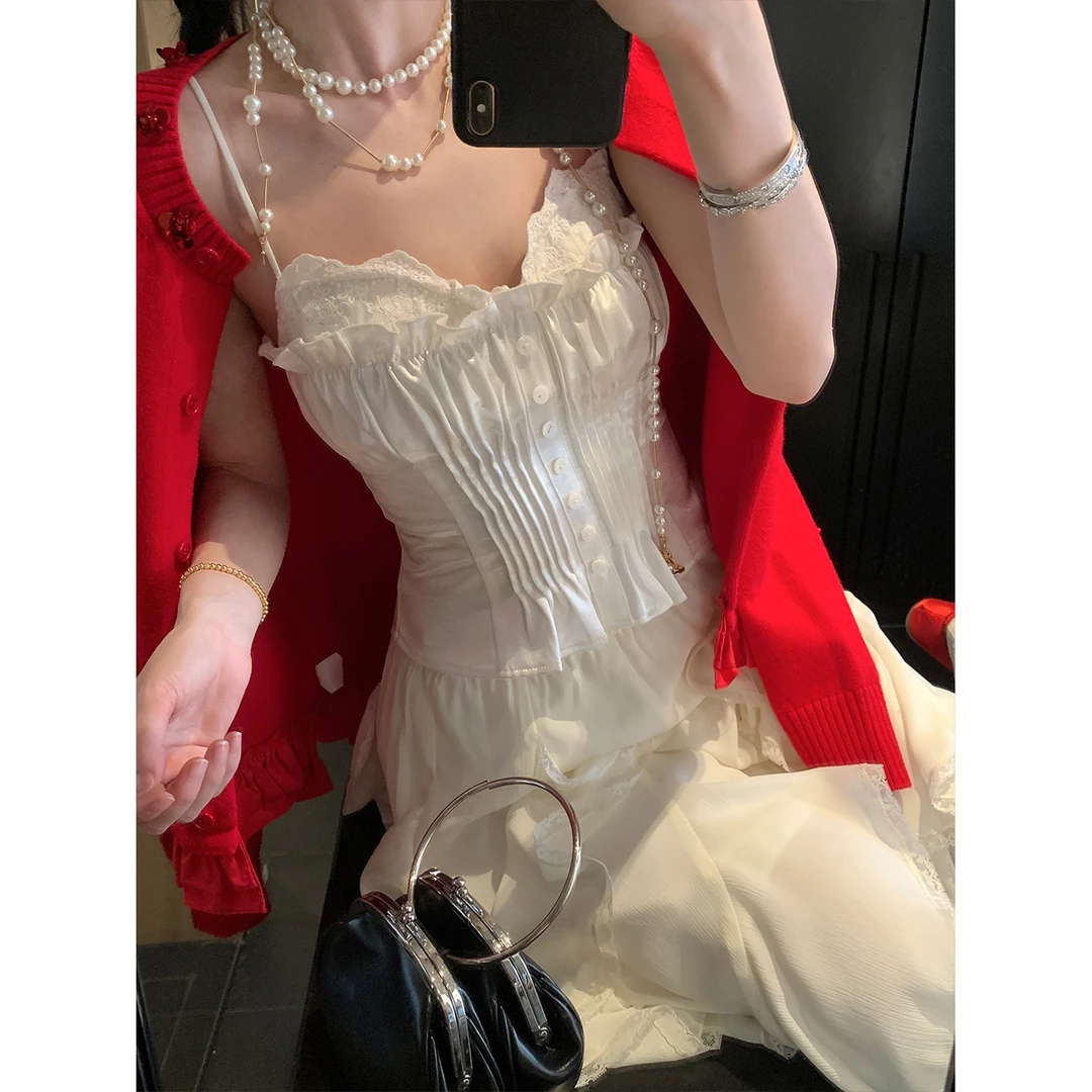 区区欧阳 缎面抽褶蕾丝拼接衬衫春季设计感小众辣妹胸衣吊带上衣