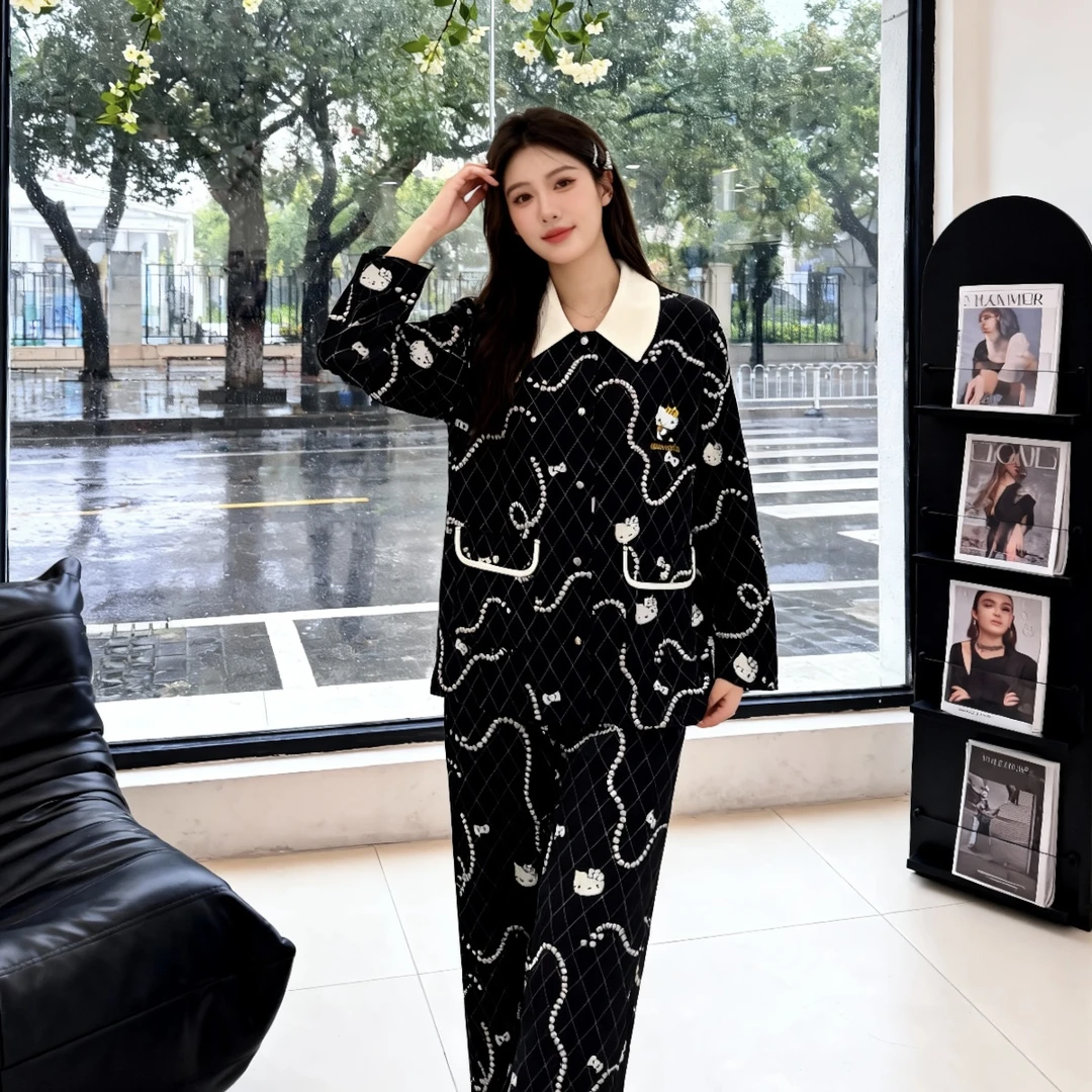 懒宅天丝棉珍珠kitty千金风黑金轻奢套装娃娃领可外穿家居服睡衣