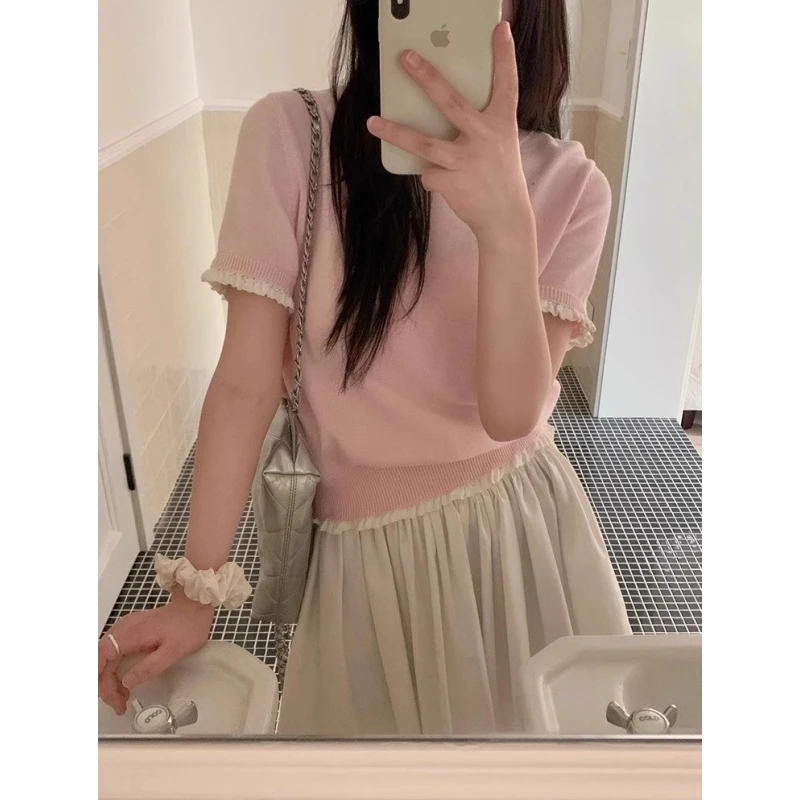 甜美温柔粉色花边短袖针织t恤女夏季冰丝百搭独特设计感漂亮上衣