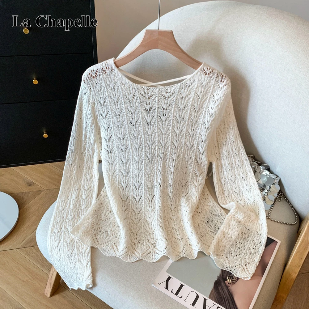 拉夏贝尔韩系复古显瘦上衣圆领钩花镂空针织开衫女休闲长袖t恤潮