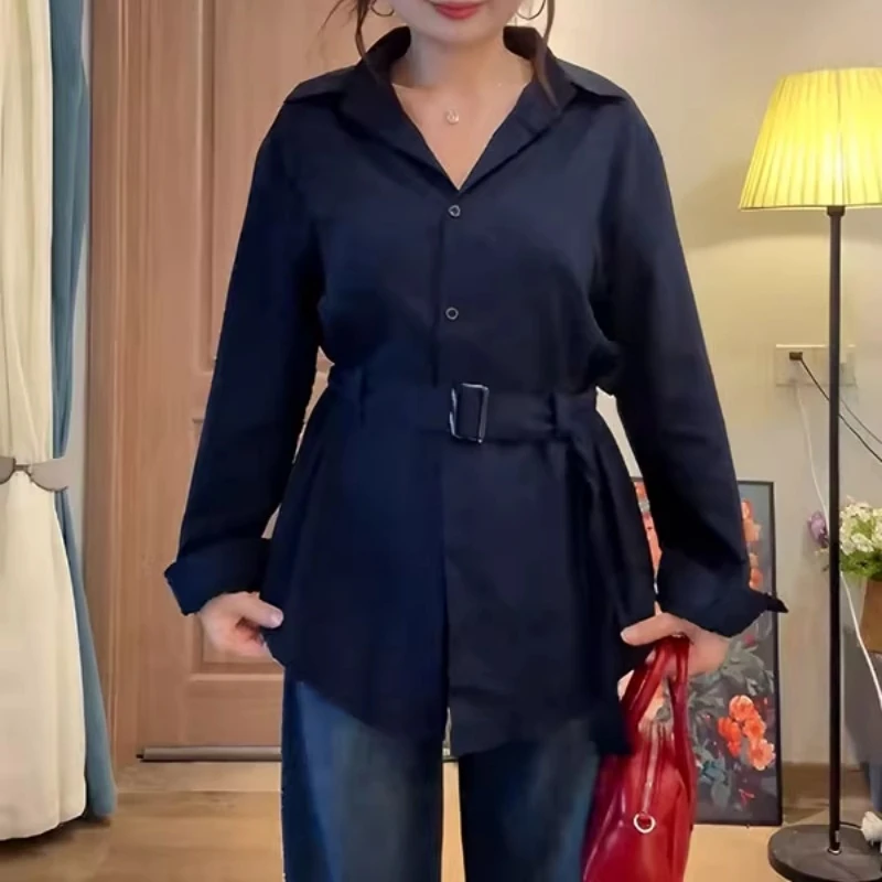 大码法式复古绑带收腰长袖衬衫女早秋新款胖mm显瘦设计感别致上衣