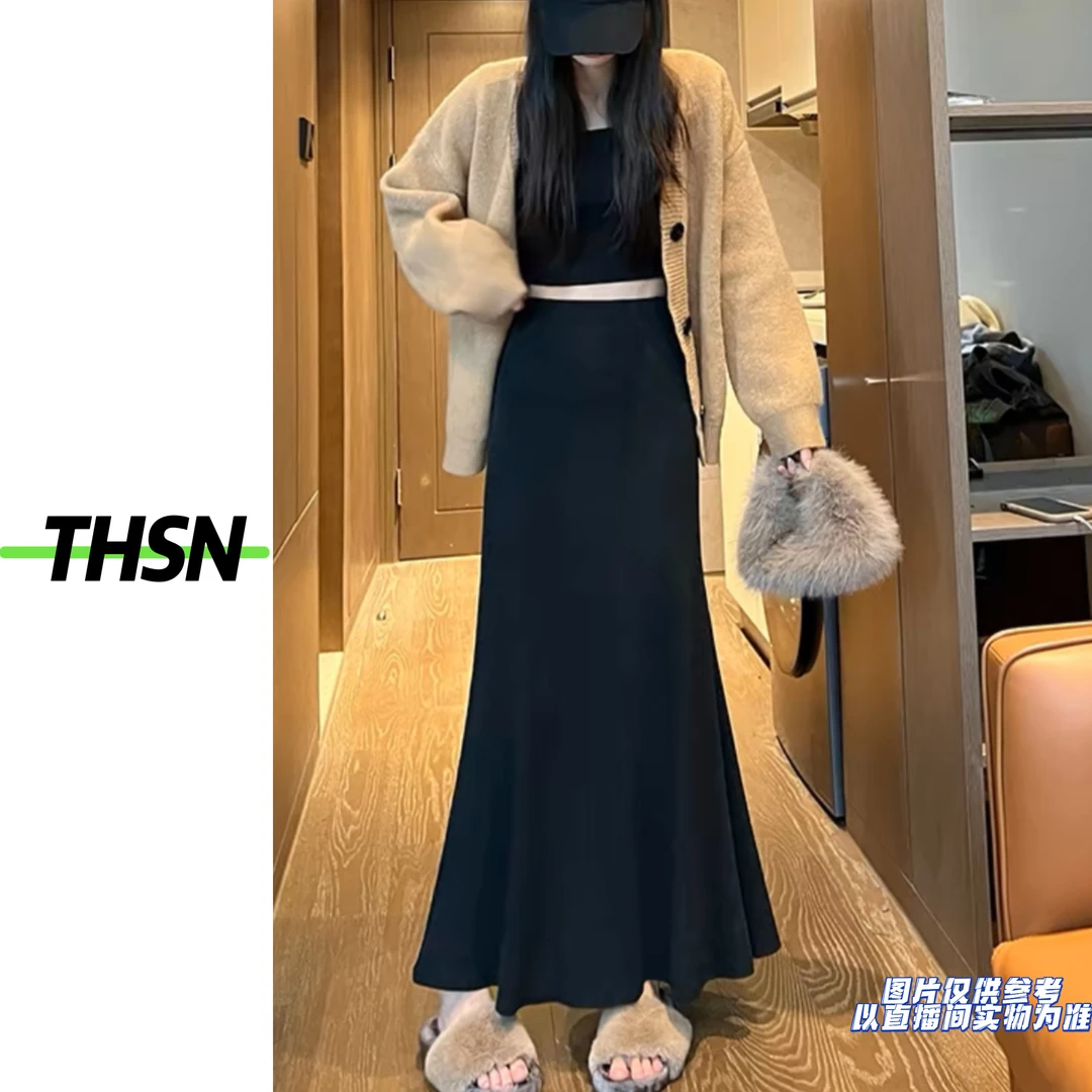 THSN定制大码女装加大码高腰百搭纯色A版荷叶鱼尾长裙1380