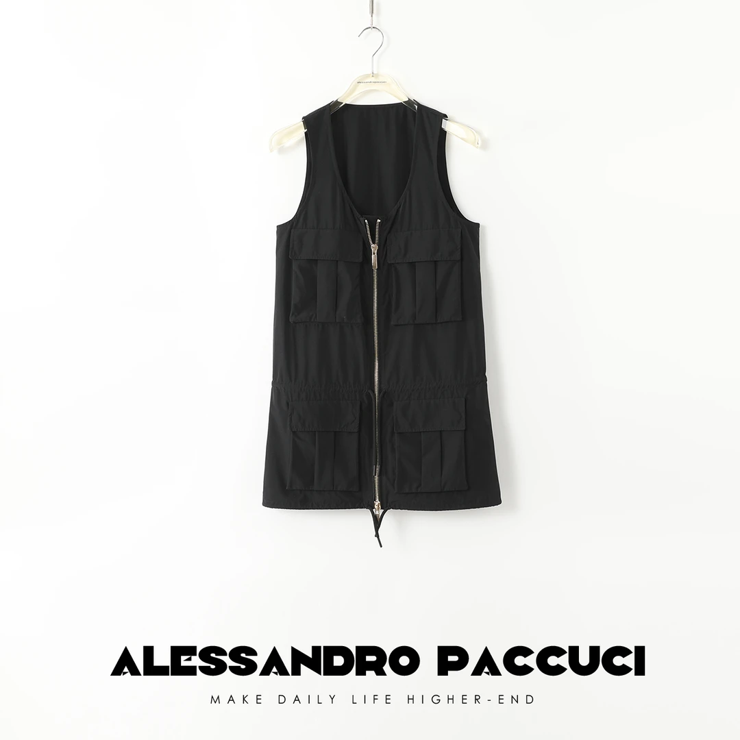 AP洛哥43040MJ双拉链黑曜石色抽绳收腰休闲日常工装背心裙