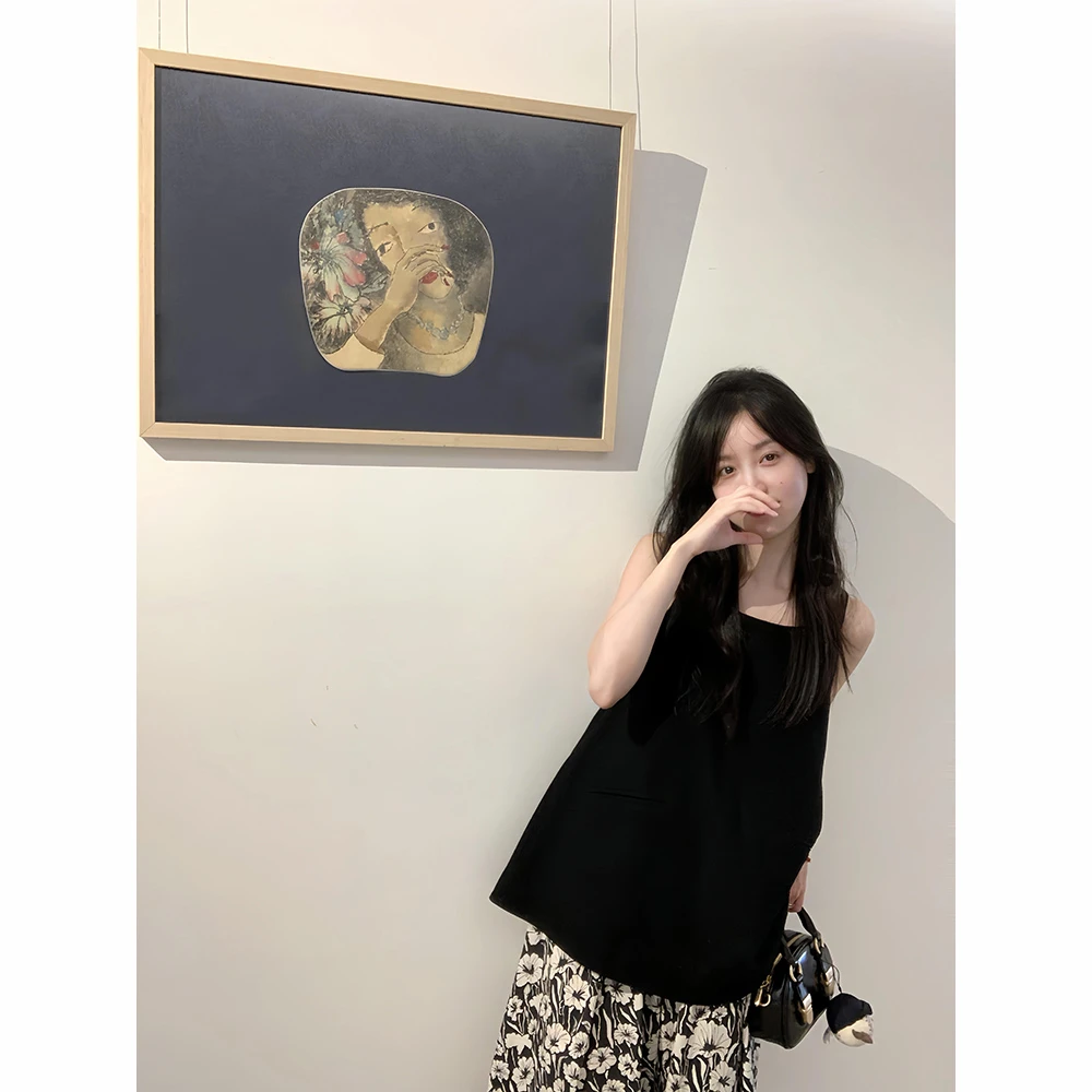 方领背心裙黑色连衣裙夏法式简约背心上衣夏季新款显瘦碎花半身裙