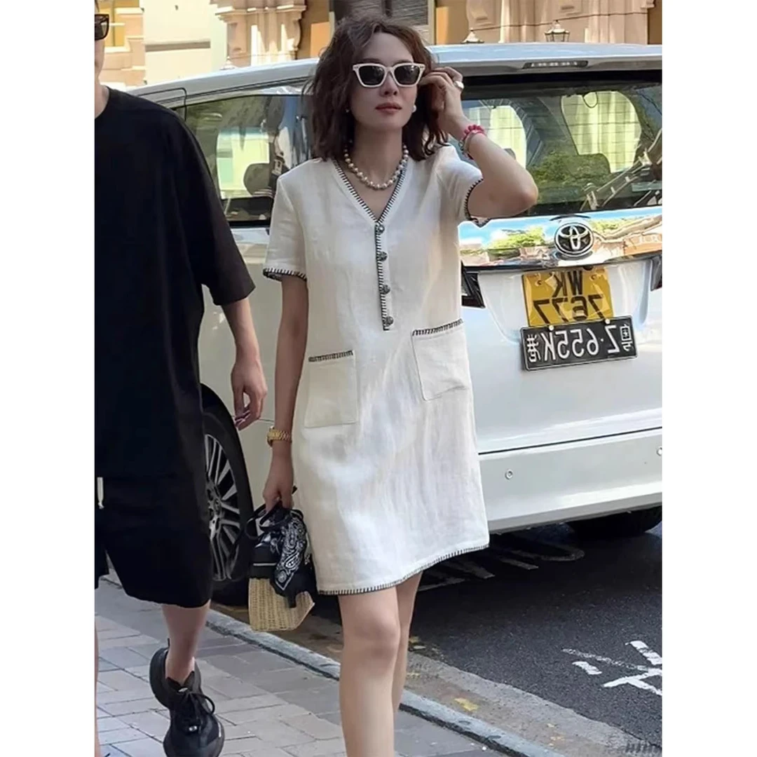 法式高级感短袖连衣裙女夏季2025新款今年流行爆款宽松修身a字裙