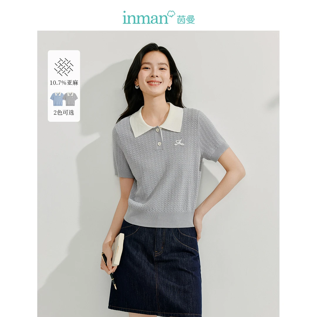 【欧若风新品】茵曼夏季法式亚麻绞花针织衫女简约翻领显瘦短袖上衣