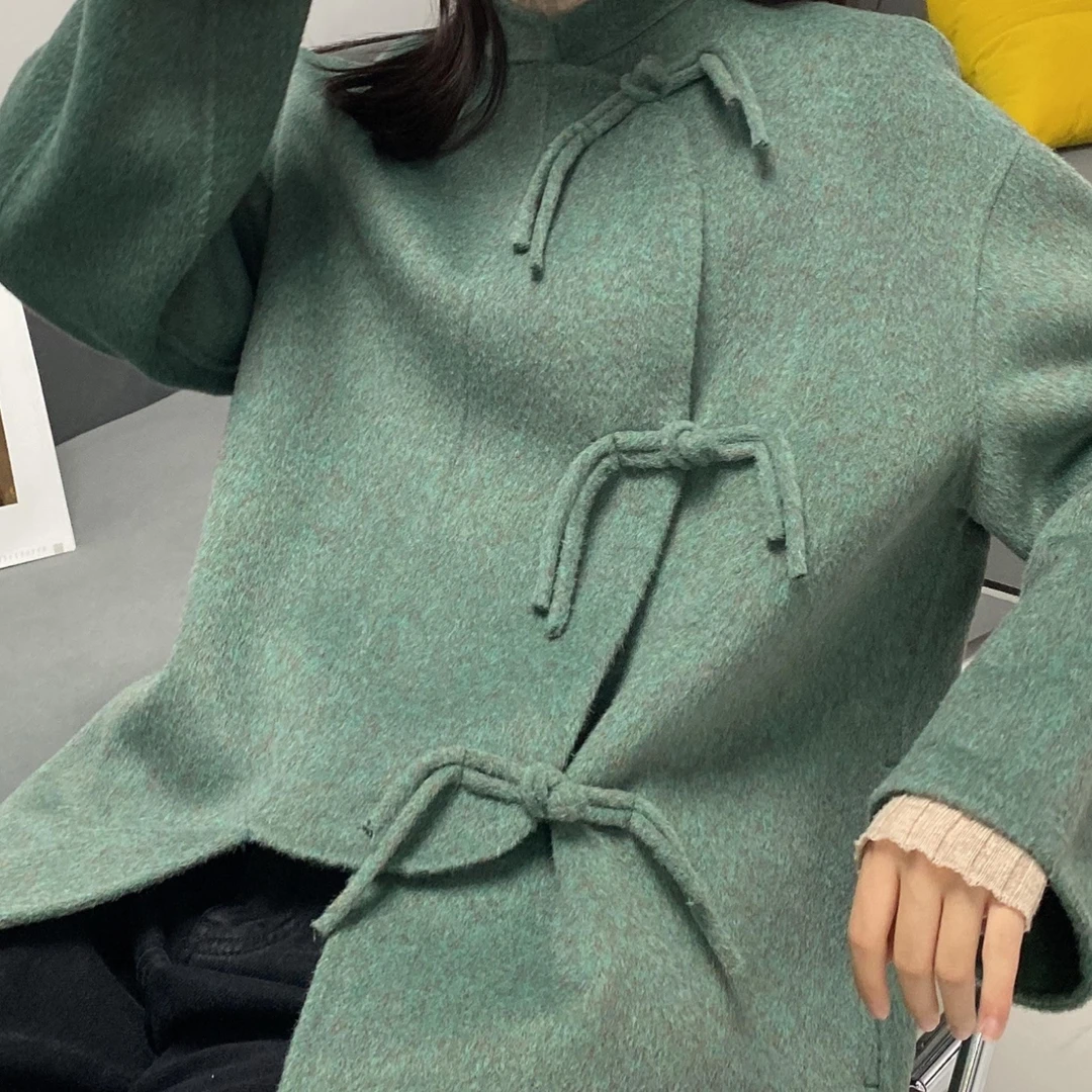 双面羊毛大衣女秋冬2023年新款小个子中国风斜襟盘扣打结羊毛外套