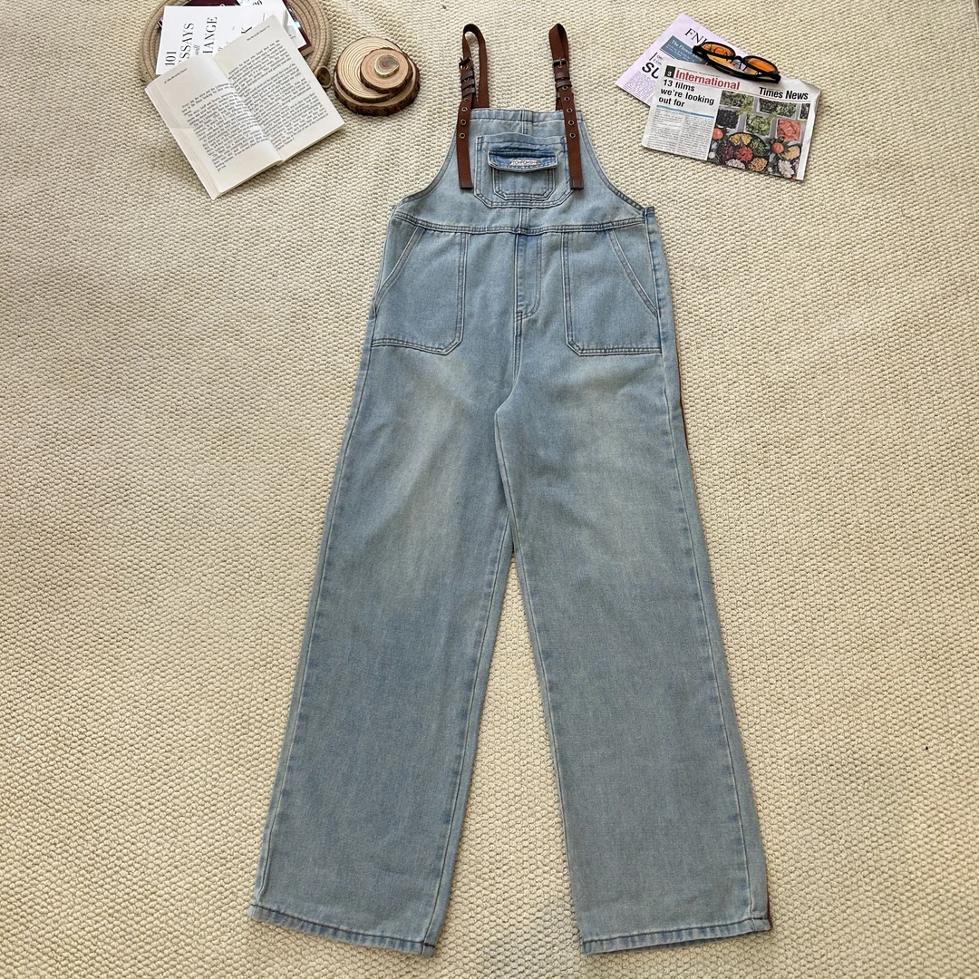 2025夏季新款宽松时尚休闲纯色背带裤牛仔长裤1744