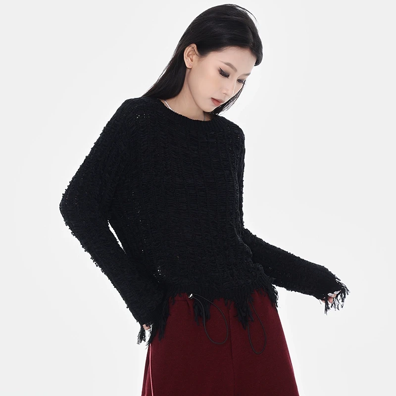 【春季五折】KEN STUDIO黑色镂空流苏宽松长袖T恤针织衫上衣女