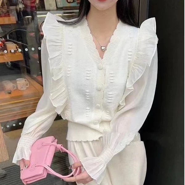 《现货》2023新款荷叶边拼接V领毛衣开衫针织衫外套女设计感1064