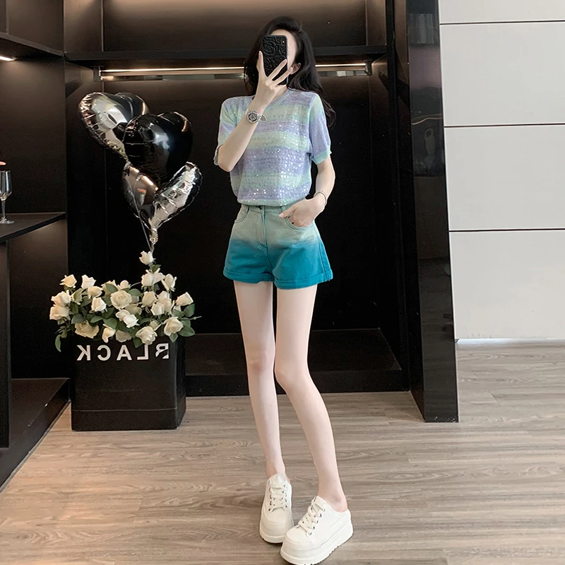 镂空短袖针织衫女夏季薄款冰爽丝上衣阔腿渐变牛仔短裤a字热裤子