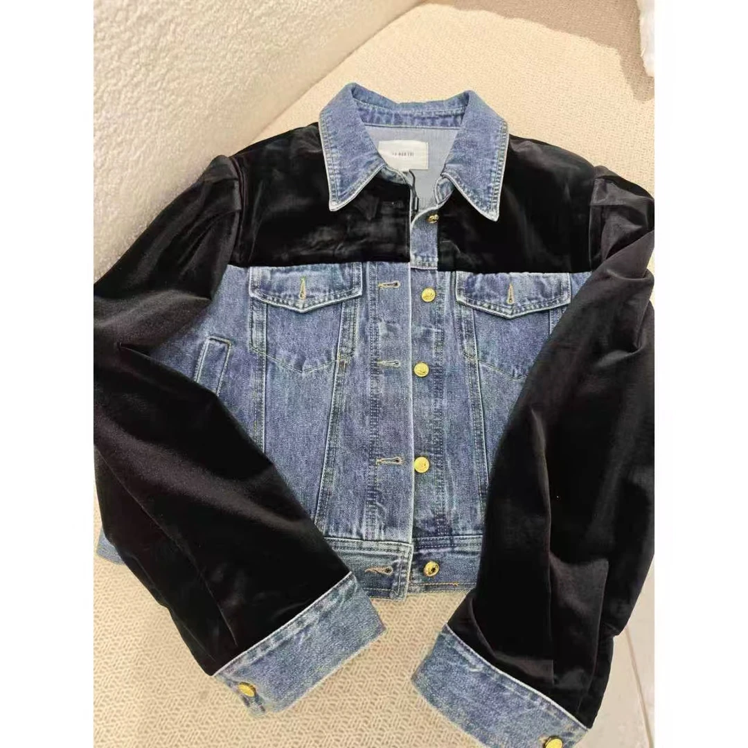 7010 欧货拼接丝绒牛仔外套C3