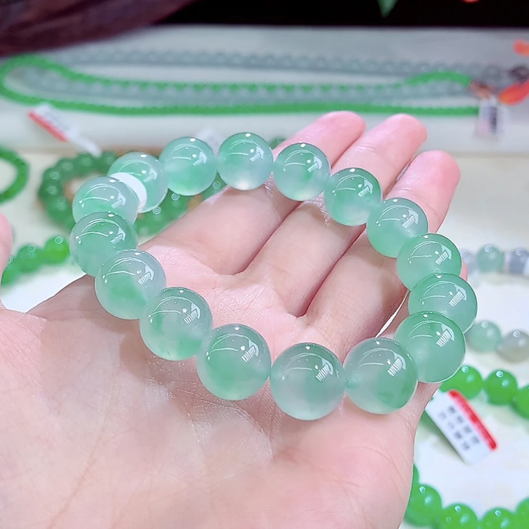 收藏级玻璃种金丝绿手串种色兼备行家品质卡12+mm缅甸天然a货翡翠