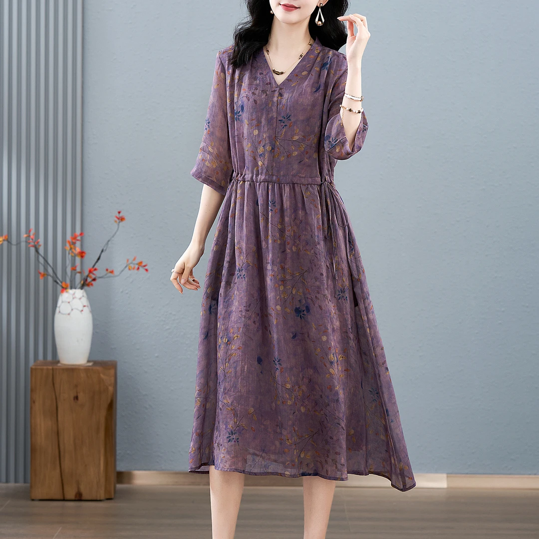 韩穆气质碎花苎麻连衣裙女2025夏季新款妈妈高端高级感薄款长裙子