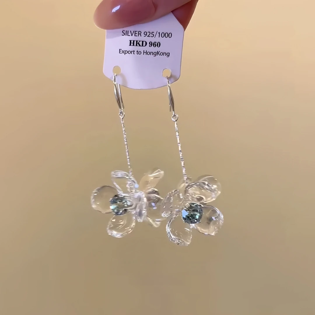 铜合金耳饰 海边度假风透明立体花朵耳环轻奢气质高级感长款耳饰