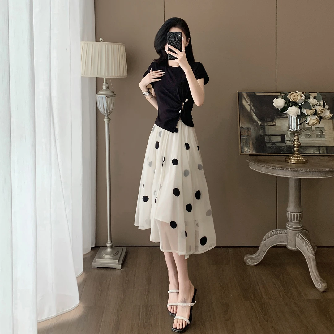 法式波点半身裙T恤套装2025夏季新款千金名媛风气质感时尚两件套