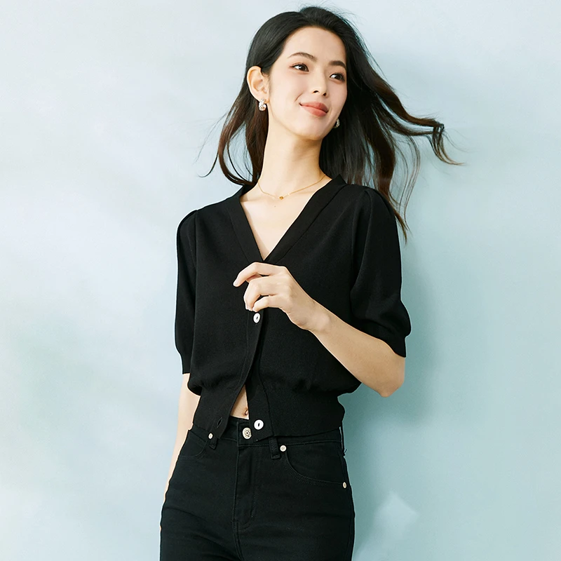 晚白【新品】2025春夏T恤上衣弹力V领短袖针织衫女25020703