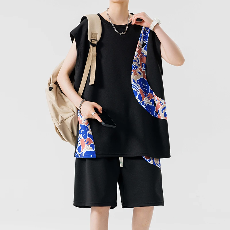 无袖t恤男夏季休闲运动套装男背心T一套搭配帅气衣服篮球服两件套