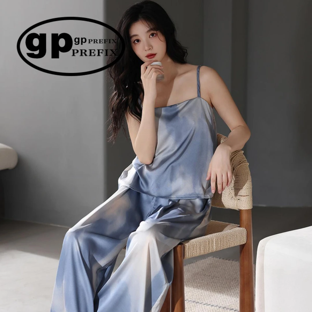 日本小众GP新中式睡衣女夏季吊带长裤带胸垫冰丝高级感家居服套装