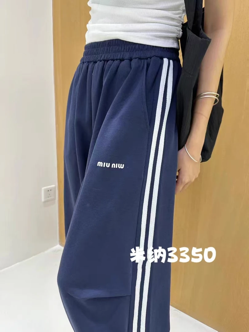 蓝色休闲宽松条纹抽绳休闲直筒裤