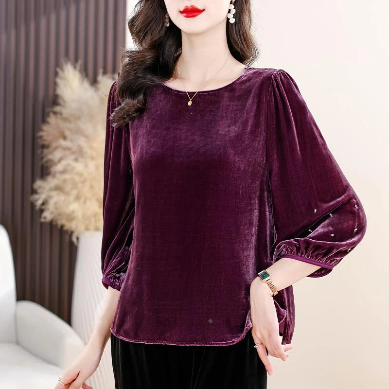 时尚七分袖金丝绒T恤女士春装新款覆古气质宽松休闲 妈妈上衣