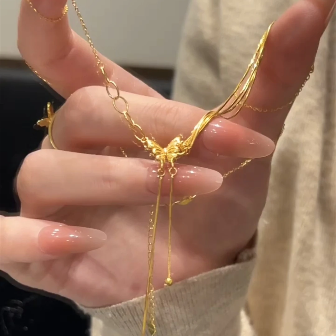 铜合金项链 奢华千金风蝴蝶流苏锁骨链项链女