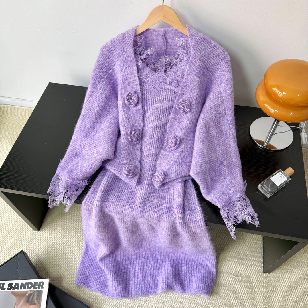 宽松慵懒立体花朵毛衣+松紧腰半身裙两件套吊带裙两件套