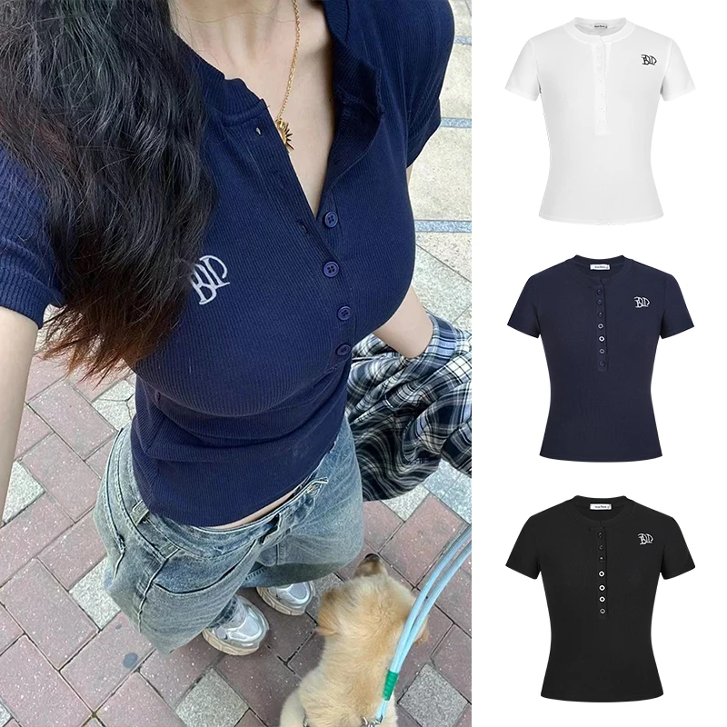 MosesQueen/魔西女王美式紧身纽扣半开领短袖T恤女短款显瘦上衣