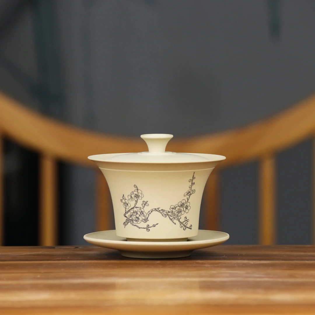 建水紫陶白泥梅花薄胎盖碗【轻松悬停】（超薄胎）175ml