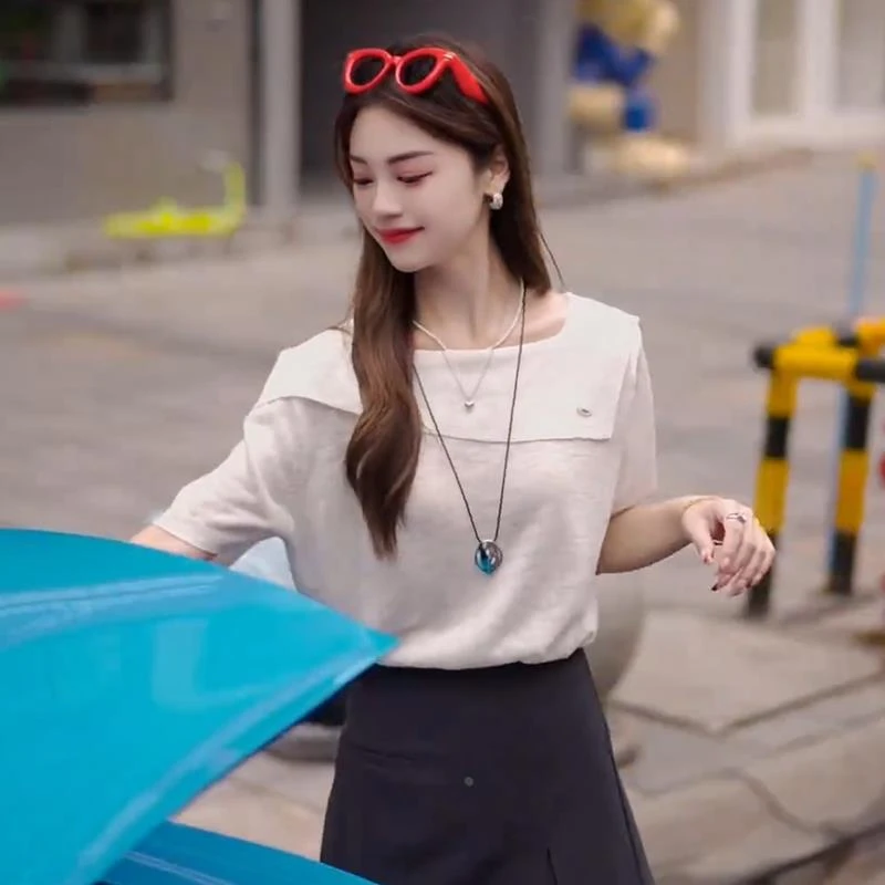 韩系简约气质一字领针织衫T恤女2025夏季新款设计感休闲百搭上衣