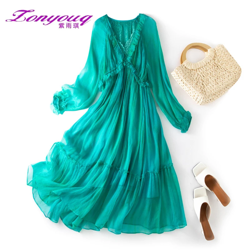 紫雨琪真丝连衣裙韩版优雅气质桑蚕丝中长款沙滩裙显瘦款显瘦