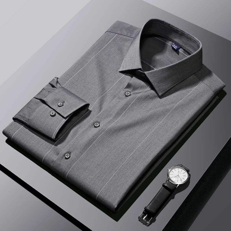 春秋竹纤维衬衫男条纹职业高级感上衣商务修身免烫薄衬衣