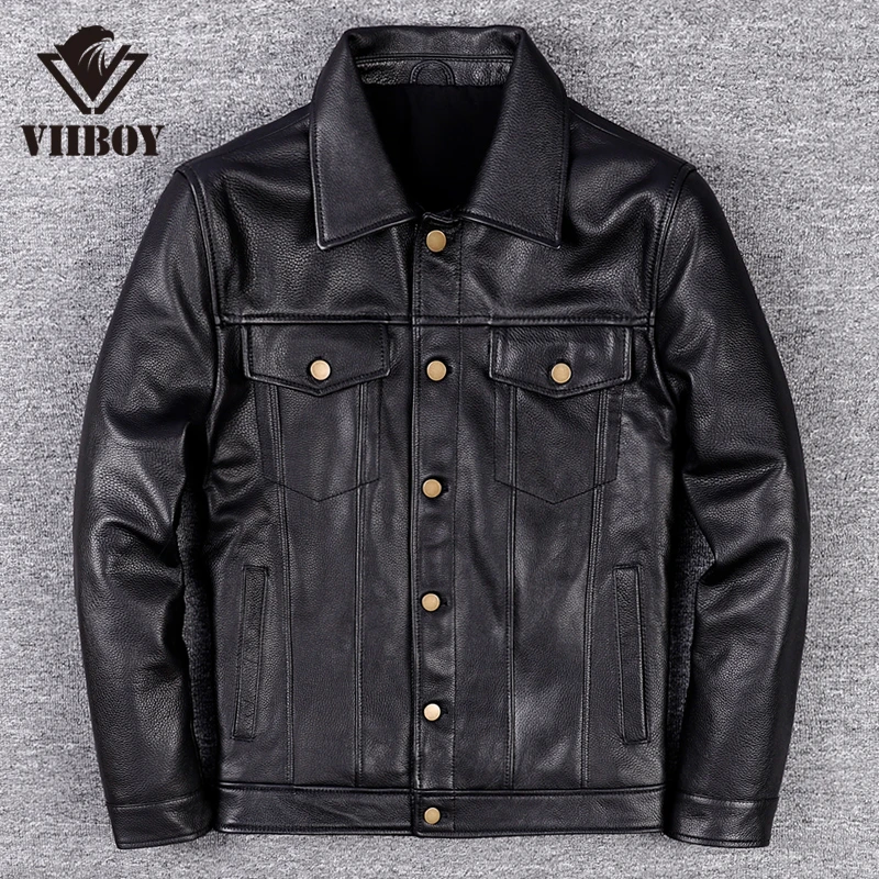 时尚牛仔款真皮皮衣男士修身短款休闲皮外套头层牛皮翻领皮夹克潮
