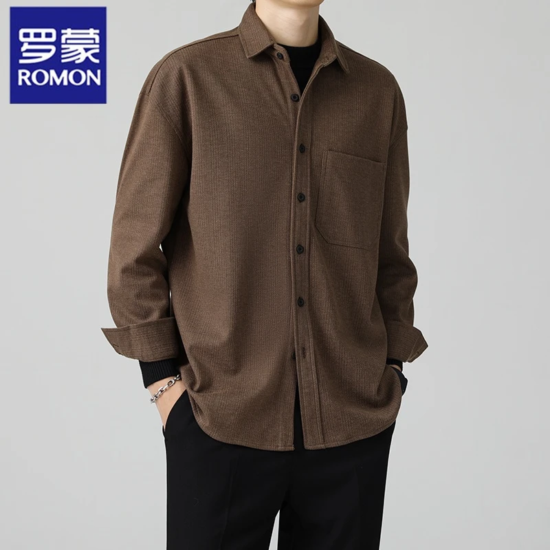 罗蒙秋冬毛呢衬衫长袖男保暖加厚高级感寸衫痞帅内搭男士休闲衬衣