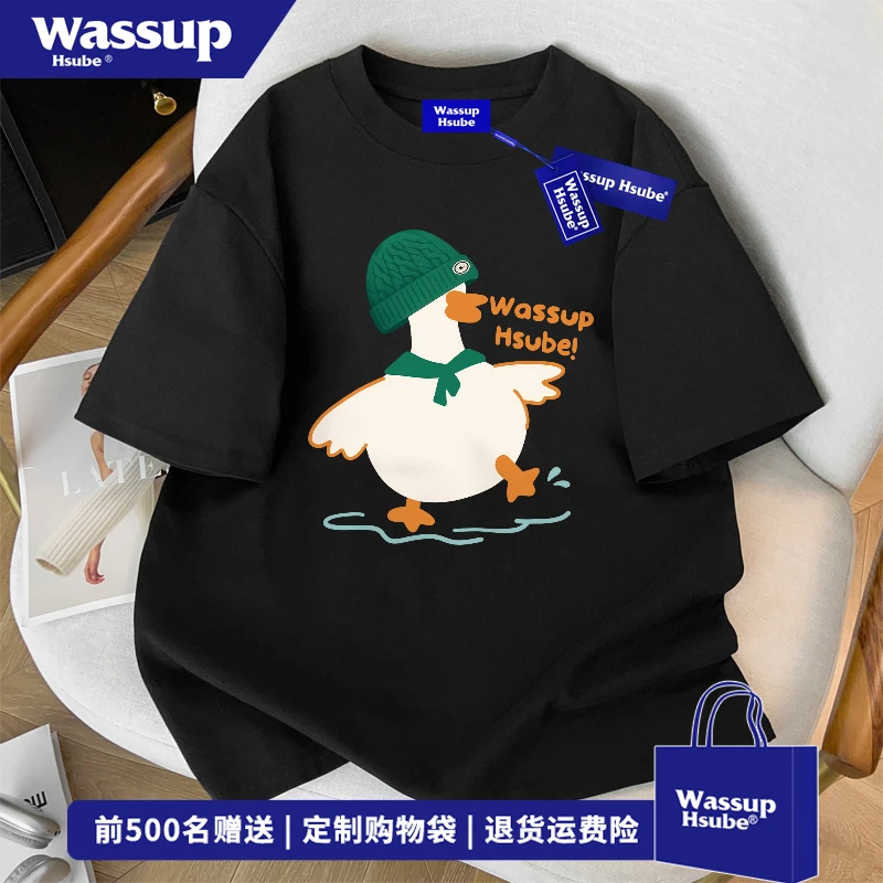 WASSUP HSUBE潮牌搞怪鸭子印花短袖男复古T恤夏季新款休闲风上衣