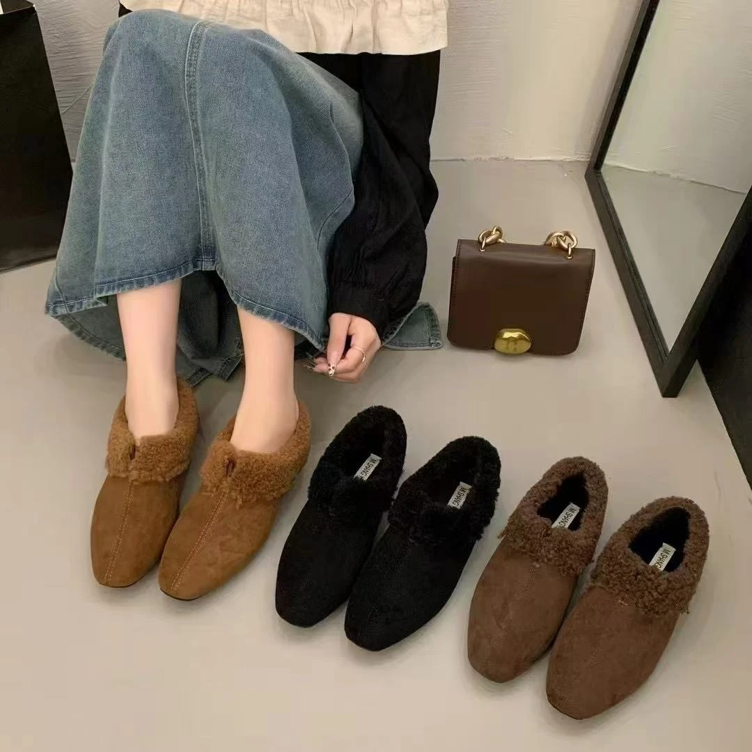 韩版时尚毛毛新款冬季小方头加绒保暖单鞋67-1