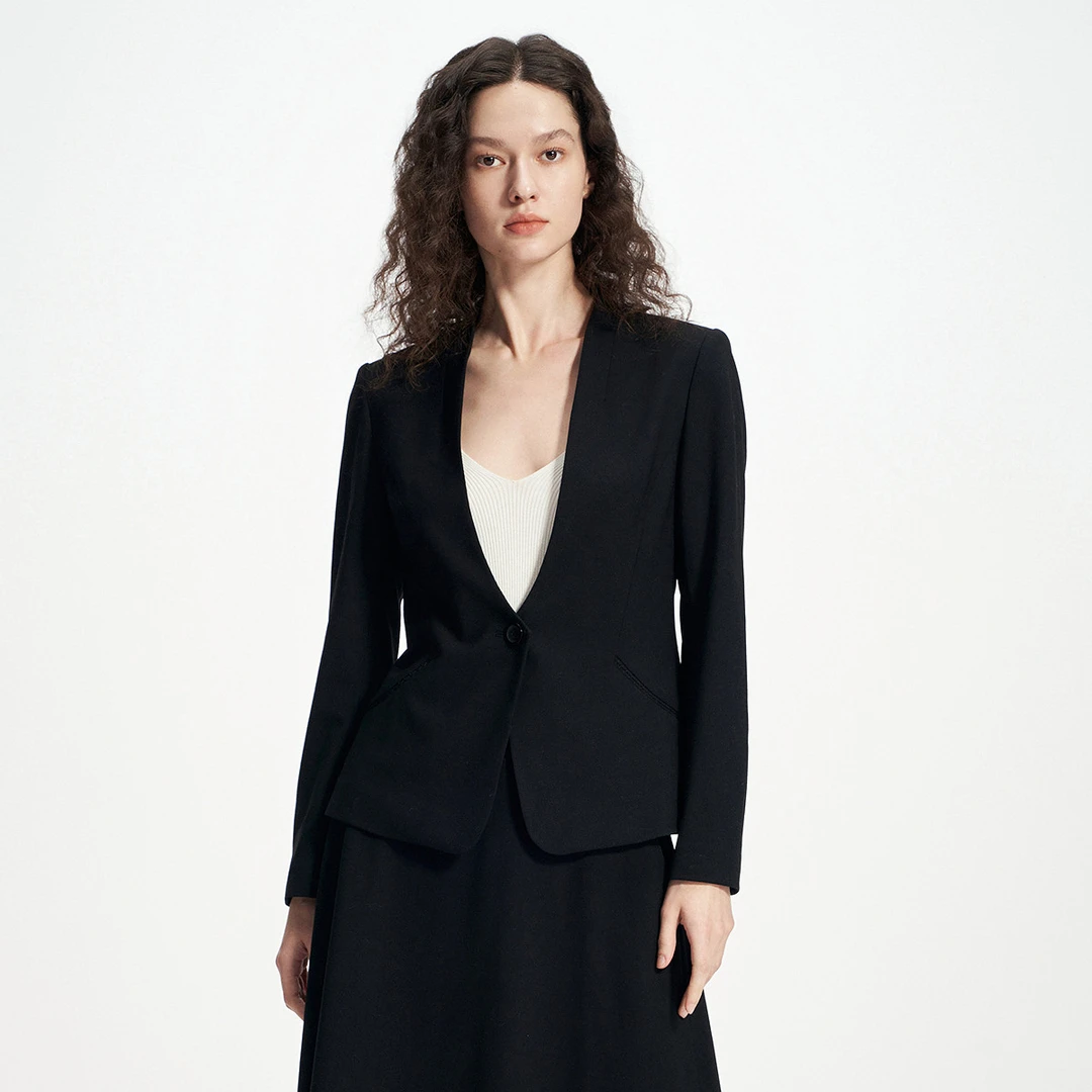 FALEMIG-萝家气质简约通勤V领一粒扣修身西装外套女T04000