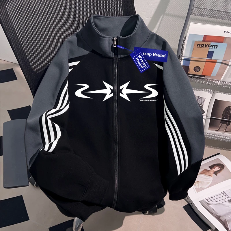 WASSUP HSUBE国潮牌重磅开衫立领卫衣外套慵懒宽松棒球服痞帅上衣