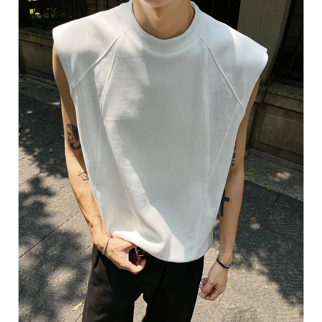 凌小君夏季设计感美式无袖T恤男百搭圆领胖子大码白色背心显瘦款