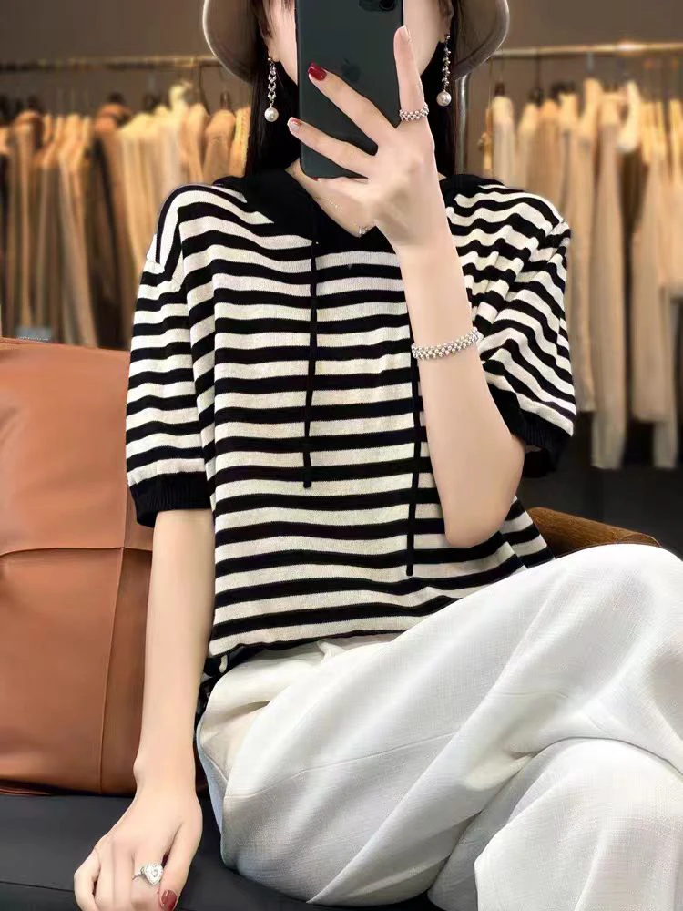 条纹1125连帽短袖毛针织衫江南风格针织衫针织衫春日慢人风